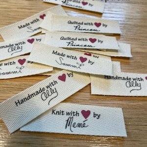 Custom  labels to sew in-Natural cotton Twill. Gift for knitter Autograph your Handmade items with your signature or have us type your name