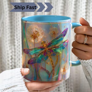 Tasse à café libellule irisée, tasse nature pissenlit style vitrail