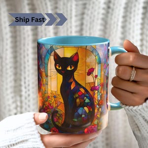 Black Cat Mug with Flowers Stained Glass Style, Whimsical Mysterious Feline Art Gift for Cat Lovers, Boho Art Aesthetic Mug for Coffee Lover