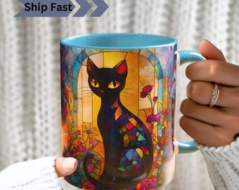 Black Cat Mug: Stained Glass Style Feline Art, Boho Coffee Lover Gift