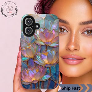 Lotus Stained Glass PRINT Luminous Tough Phone Case, iPhone Samsung case, Mother-of-Pearl Floral Iridescent Artistic Spiritual Gift for Her