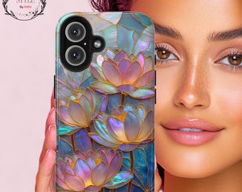 Lotus Stained Glass PRINT Luminous Tough Phone Case, iPhone Samsung case, Mother-of-Pearl Floral Iridescent Artistic Spiritual Gift for Her