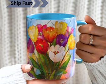 Tazza con stampa in vetro colorato con tulipano arcobaleno: regalo Botanical Pride