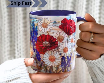 Tasse à café floral patriotique : style vitrail rouge blanc bleu
