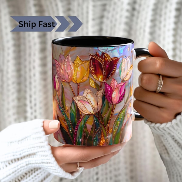 Taza de vidrieras con elegantes tulipanes, arte floral estilo joyería, lámina artística de tulipanes