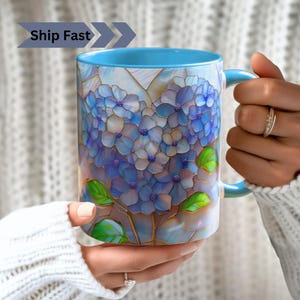 Blue Hydrangea Stained Glass Style Mug: Botanical Art Print
