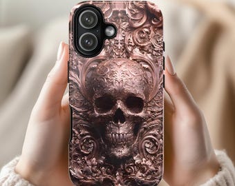 Gothic Skull Floral Phone Case: Bronze Skeleton Art