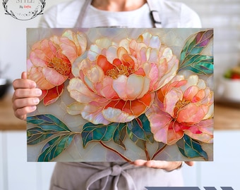 May include: A rectangular floral art print featuring three large, stylized peonies in shades of pink, orange, and white with gold outlines. The leaves are green and blue. The print has the text "Sip & Style" and "Ship Fast".