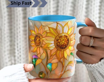 Sunflower Stained Glass Print Mug: Colorful Floral Art Coffee Cup