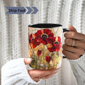 Mohnblume Buntglas PRINT Becher, Blumenkunst, Geburtsmonat Blumenbecher, Mohnblume Botanischer Garten Liebhaber Geschenk, Mohnblume Kunstdruck, Mutter Geschenk