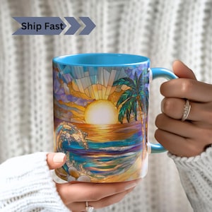 Beach Sunrise Stained Glass Print Mug: Coastal Ocean Art