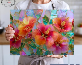 Hibiscus Stained Glass Print Cutting Board: Tropical Kitchen Decor