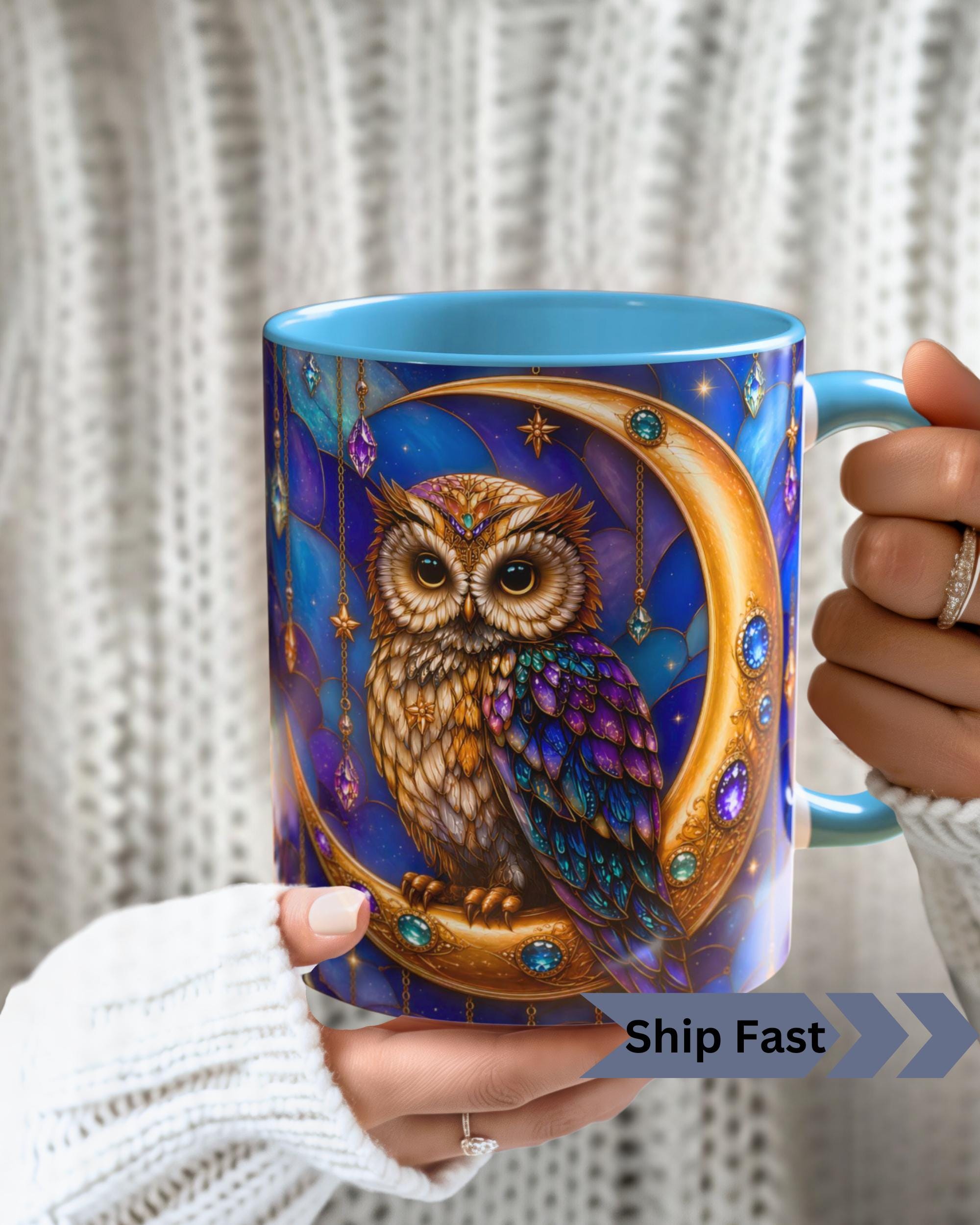 Celestial Owl Mug, Jeweled Crescent Moon Coffee Cup, Mystical Night Sky Art (Ceramic)