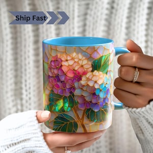 Hydrangea Stained Glass Print Mug: Botanical Garden Art, Iridescent Floral Design