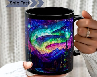Aurora Borealis Mug: Luminous Night Sky Art, Northern Lights Scene