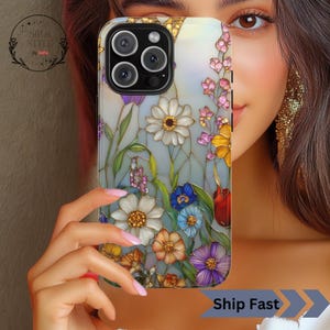 Capa de celular estilo vitral com flores silvestres, capa resistente com mosaico floral 3D, efeito pérola de vitral com flores, capa para iPhone Samsung