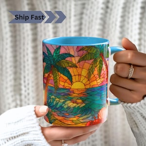 Tropical Sunset Stained Glass Print Mug: Coastal Beach House Decor