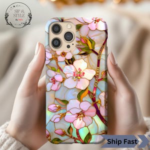 Cherry Blossom Stained Glass Style Case, Tough iPhone Samsung Case, Pink Floral Art Print, Japanese Sakura Aesthetic, Elegant Gift for Her