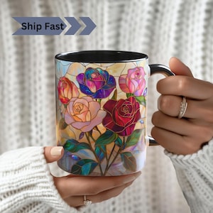 Roses Stained Glass PRINT Mug, Bohemian Cup, Vintage Style Drinkware, Artistic Tea Mug, Unique Gift for Her Roses Lovers, Floral Coffee Cup