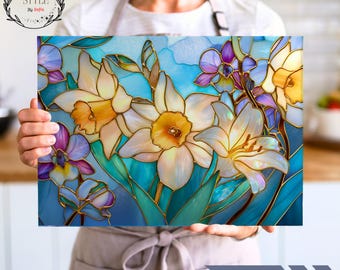 Planche à découper en verre jonquilles et lys en vitrail, décoration florale irisée pour la cuisine, cadeau fleur de printemps