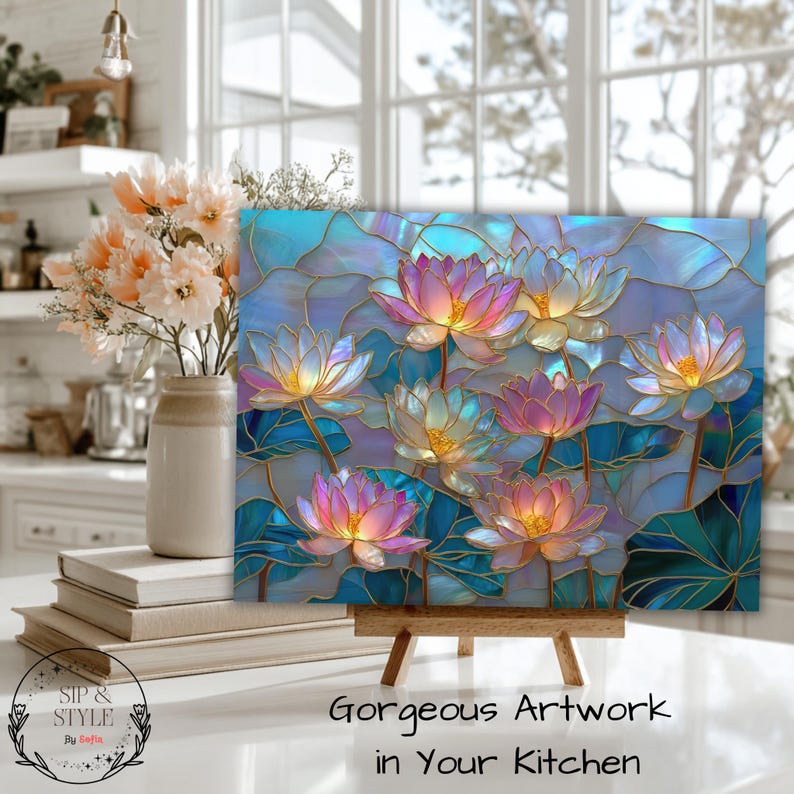 May include: A colorful artwork featuring a stained-glass style depiction of lotus flowers in shades of pink, yellow, and blue. The artwork is displayed on a small wooden easel. The text "Gorgeous Artwork in Your Kitchen" is visible.