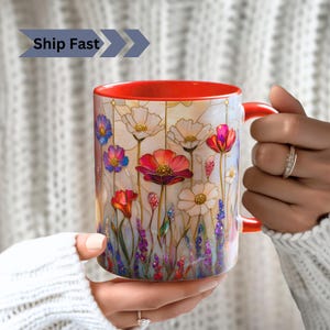 Wildflower Stained Glass Style Mug, Elegant Botanical Cup, Vibrant Floral Art Gift for Nature Lovers Mug, Unique wild flowers art mug gift