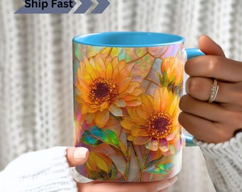 Stained Glass Sunflower Mug: Floral Art Coffee Cup, Botanical Garden Gift