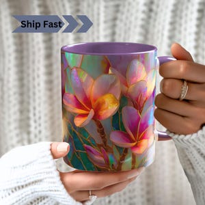 Plumeria Buntglas PRINT Becher, Perlmutt Blumenkaffeetasse, Tropische Blume Botanischer Garten Liebhaber Mom Strand Geschenk, Plumeria Kunstbecher
