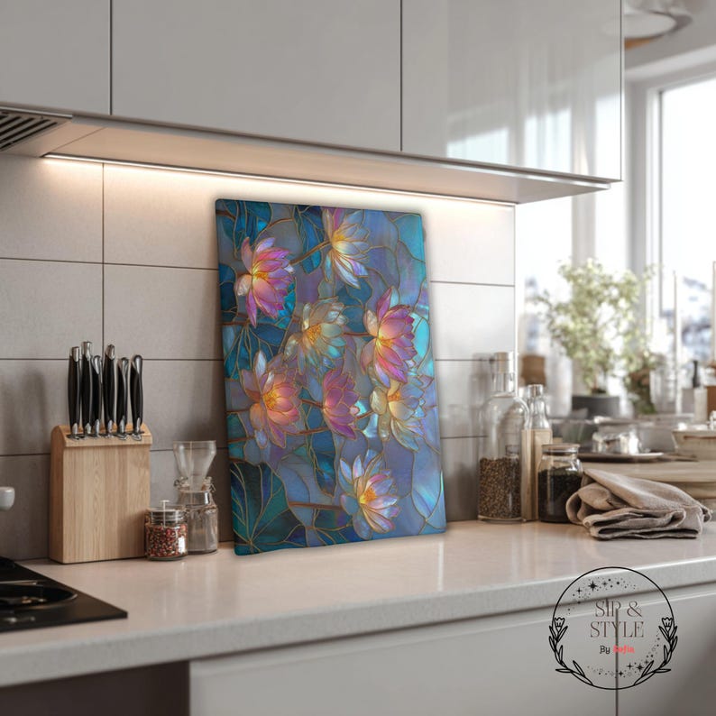 May include: A rectangular cutting board featuring a stained-glass style floral design with pink, purple, and blue flowers. The board is displayed on a white countertop in a kitchen setting.