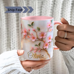 Personalized Sakura Mug with Cherry Blossom PRINT Marble Texture, Elegant Custom Name Gift for Her, Floral Coffee Cup, Japanese Spring Mug
