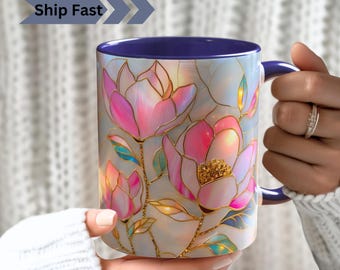Magnolia Flower Mug: Stained Glass Style Floral Art