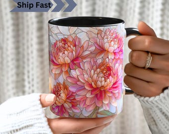 Chrysanthemum Stained Glass Print Mug: Botanical Art, November Birth Flower