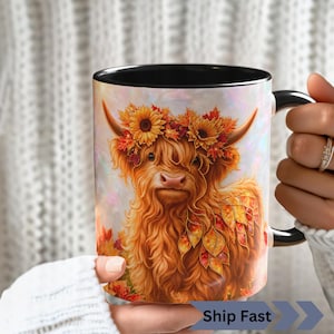 Highland Cow Sunflower Autumn Mug, Stained Glass Style Fall Coffee Cup