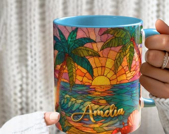 Personalized Tropical Sunset Stained Glass Print Mug: Coastal Beach House Decor
