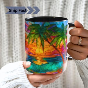 Tropical Beach Sunset Mug: Stained Glass Style Print, Coastal Decor