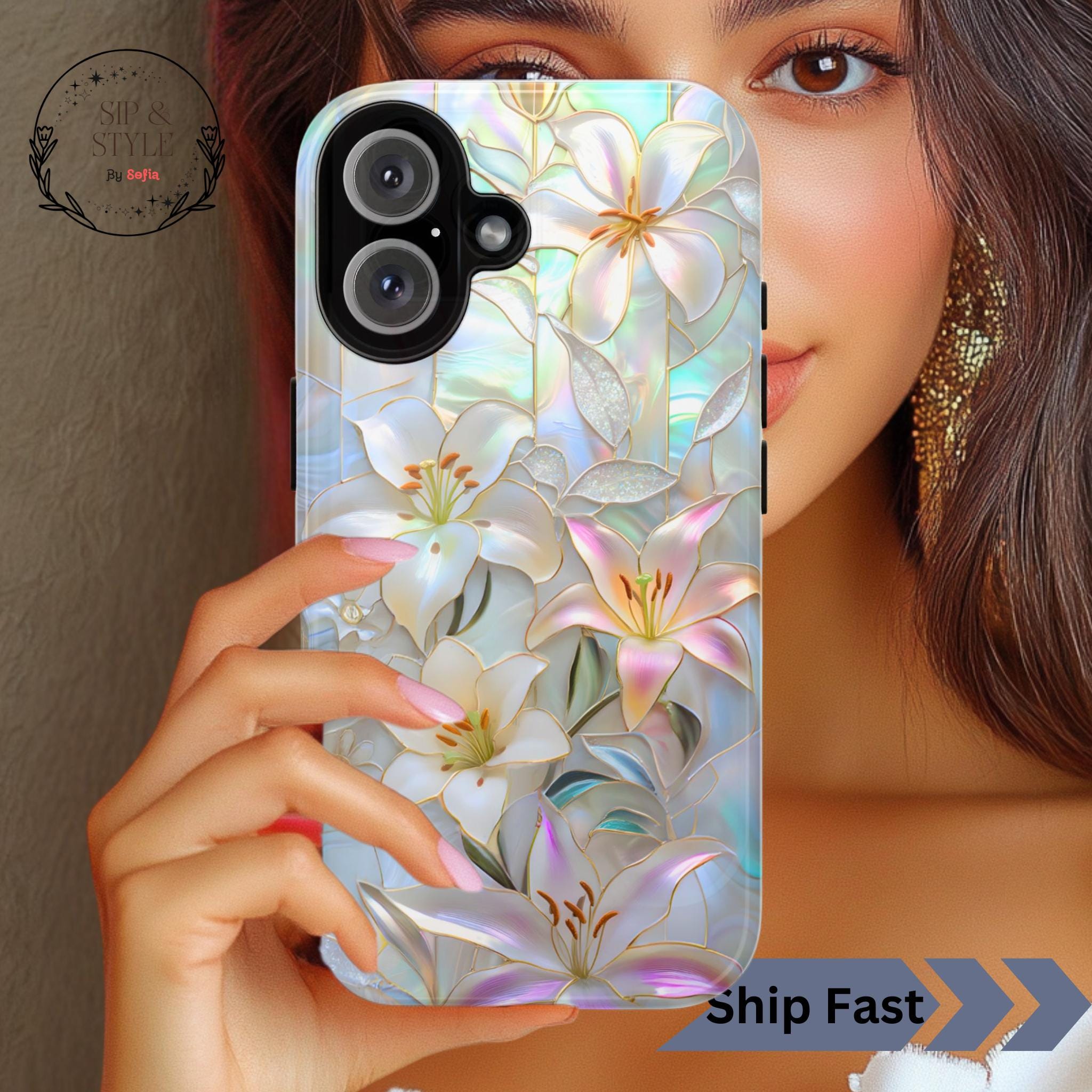 Lily Stained Glass PRINT Tough Phone Case, iPhone Samsung Case, Jewel Iridescent Floral Marble, Botanical Lover Case Unique Artistic Design