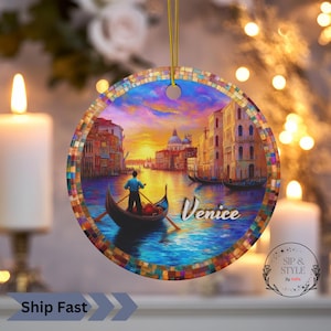 Venice  Canal Ceramic Ornament, Water Colour Faux Stained Glass Print Ornament for Italy Traveler, Europe  Travel Vacation Keepsake Souvenir