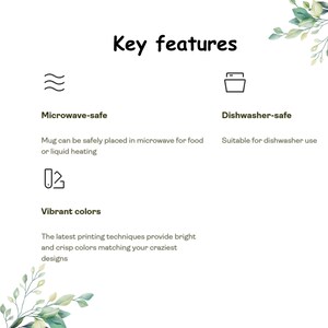 Op de afbeelding: Witte achtergrond met tekst die luidt "Key features". De tekst beschrijft het product als magnetronbestendig, vaatwasmachinebestendig en met levendige kleuren. De afbeelding bevat ook decoratieve groene bladeren.