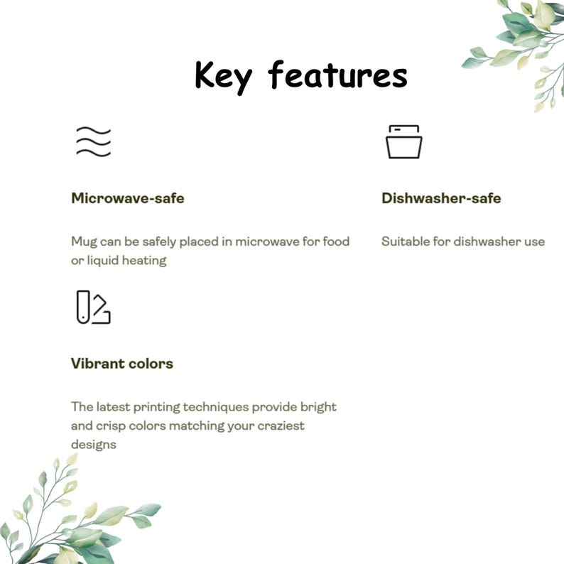 Op de afbeelding: Witte achtergrond met tekst die luidt "Key features". De tekst beschrijft het product als magnetronbestendig, vaatwasmachinebestendig en met levendige kleuren. De afbeelding bevat ook decoratieve groene bladeren.
