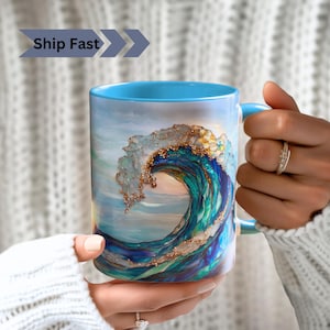 海の波を描いたステンドグラスプリントのコーヒーマグ：海岸沿いのビーチの装飾