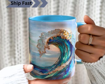 Tazza da caffè con stampa in vetro colorato e onde dell'oceano: decorazione da spiaggia costiera