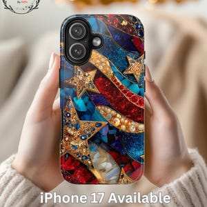 May include: A patterned phone case with a mosaic design featuring gold stars, red and blue accents. The case has the text "iPhone 17 Available" and "Ship Fast". The case is held in a person's hands.