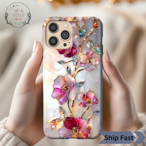 Coque de portable résistante avec vitrail rose, coque Samsung pour iPhone, marbre floral irisé bijou, coque pour amoureux de la botanique Design artistique unique
