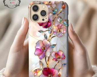 Wild Rose Stained Glass Tough Phone Case, iPhone Samsung Galaxy Case, Jewel Floral Marble, Botanical Lover Phone Case Unique Artistic Design