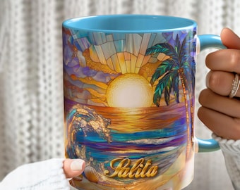 Beach Sunrise Stained Glass Print Mug: Coastal Ocean Art
