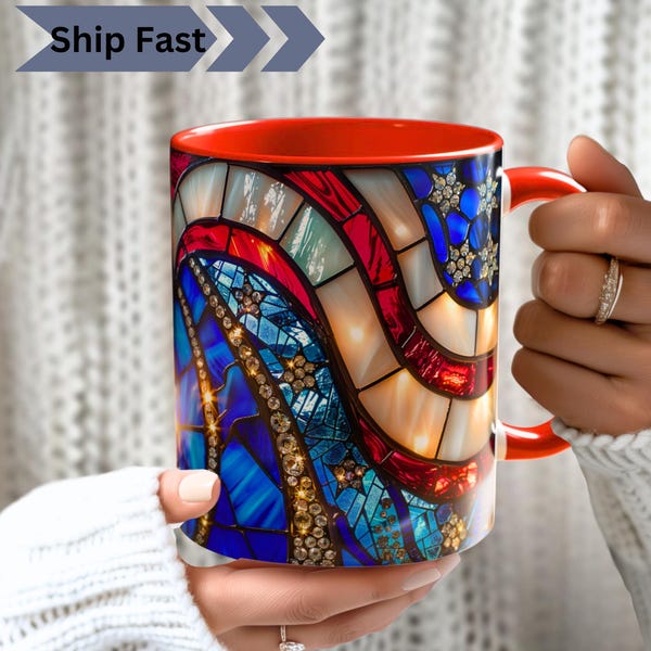 Patriotic American Flag Mug, Stained Glass PRINT USA Coffee Cup