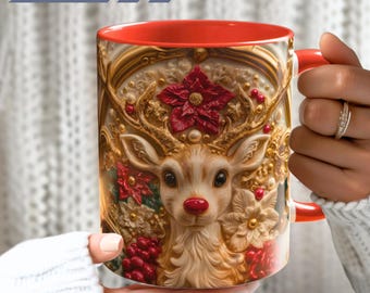 Christmas Reindeer Mug 3D PRINT, Poinsettia Holiday Coffee Cup