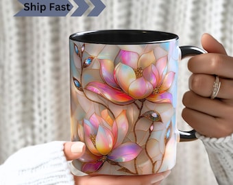 Magnolia Stained Glass Style Mug: Floral Art Gift