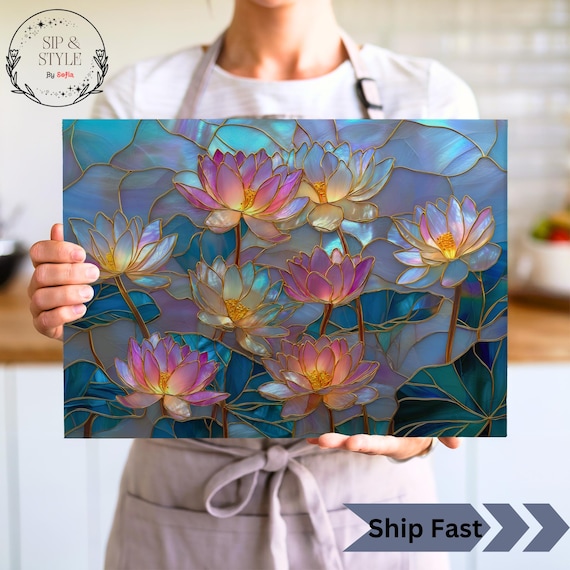 Luminous Lotus Glass Cutting Board, Water Lily Stained Glass Style Kitchen Decor