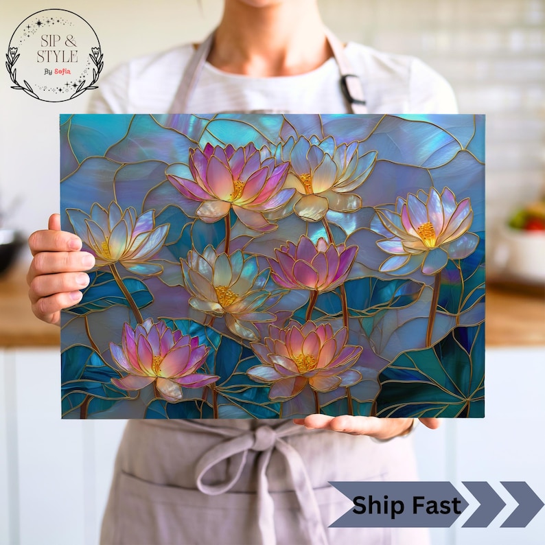 May include: A decorative panel featuring a stained-glass effect with lotus flowers in shades of pink, yellow, and white. The flowers have gold outlines and are set against a blue and teal background. The panel has the text "Sip & Style" and "Ship Fast".